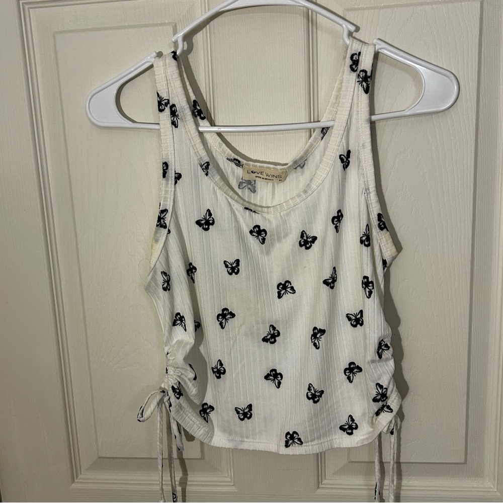 White and black butterfly print tank top